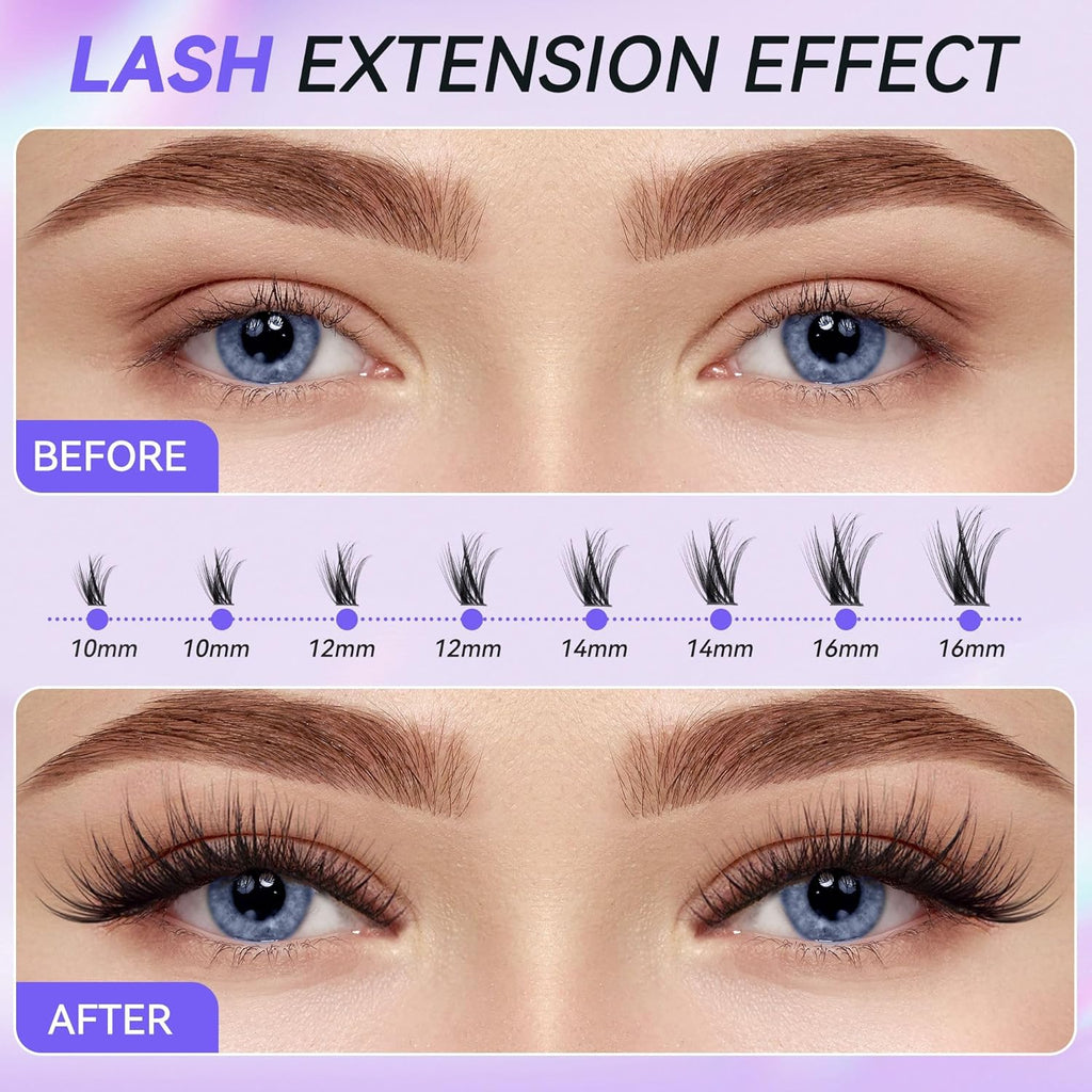 Lash Clusters Lash Extension Kit DIY Eyelash Extension Kit Beauty Eyelashes Clusters 280Pcs Lashes Clusters 10-16Mm Mix 30D 40D Curl Lash Clusters Kit with Lash Bond and Seal