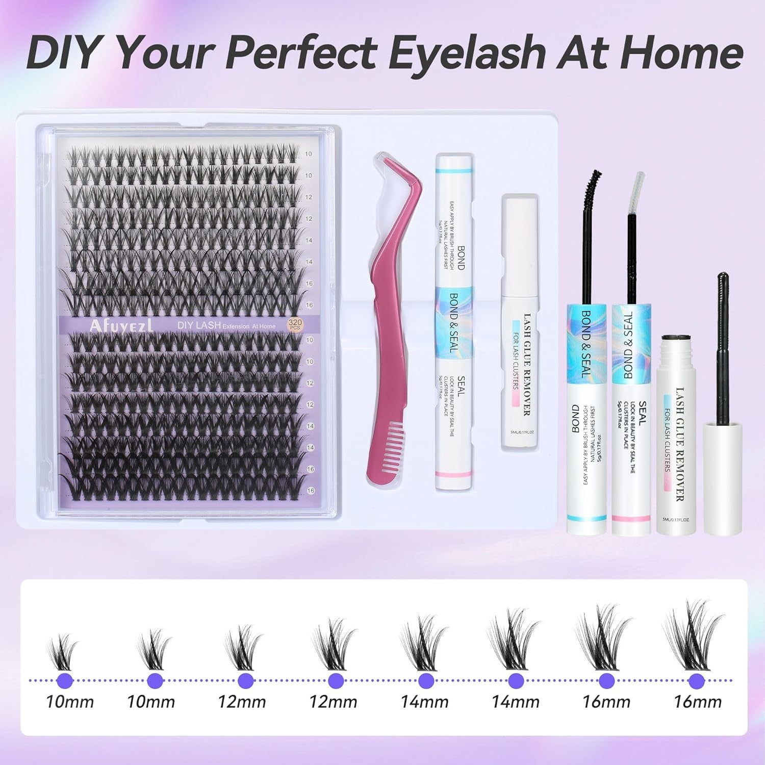 Lash Clusters Lash Extension Kit DIY Eyelash Extension Kit Beauty Eyelashes Clusters 280Pcs Lashes Clusters 10-16Mm Mix 30D 40D Curl Lash Clusters Kit with Lash Bond and Seal